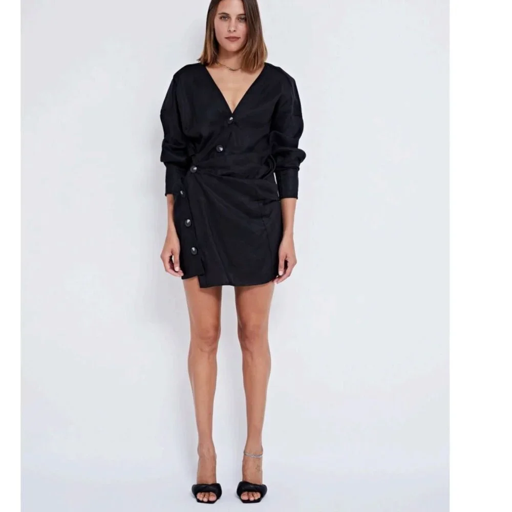 Pfeiffer LOVERS LINEN ASYMMETRICAL TWIST DRESS  BLACK Size Large NWT